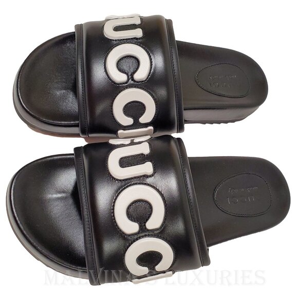 GUCCI SHOES MENS BLACK LEATHER JUMBO LOGO SLIDES FLATS SANDAL sz 8 / 8.5 US - Picture 4 of 15